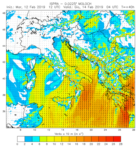 figura 3: vento a 10 m previsione MOLOCH ISPRA valida per il 14 febbraio ore 04