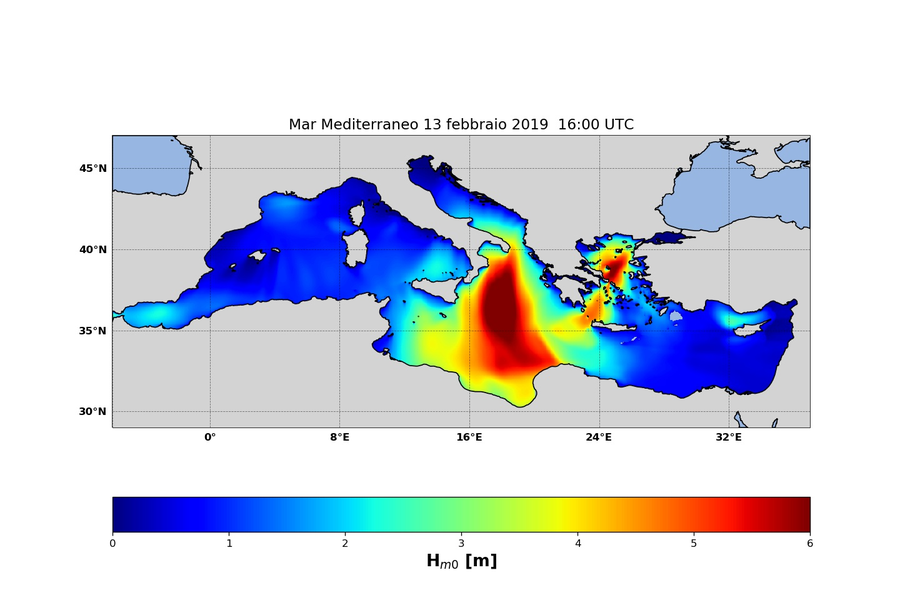 figura 4: altezza significativa in metri previsione MCWAF ISPRA valida per il 13 febbraio ore 16