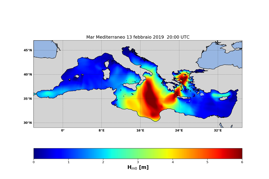 figura 5: altezza significativa in metri previsione MCWAF ISPRA valida per il 13 febbraio ore 20