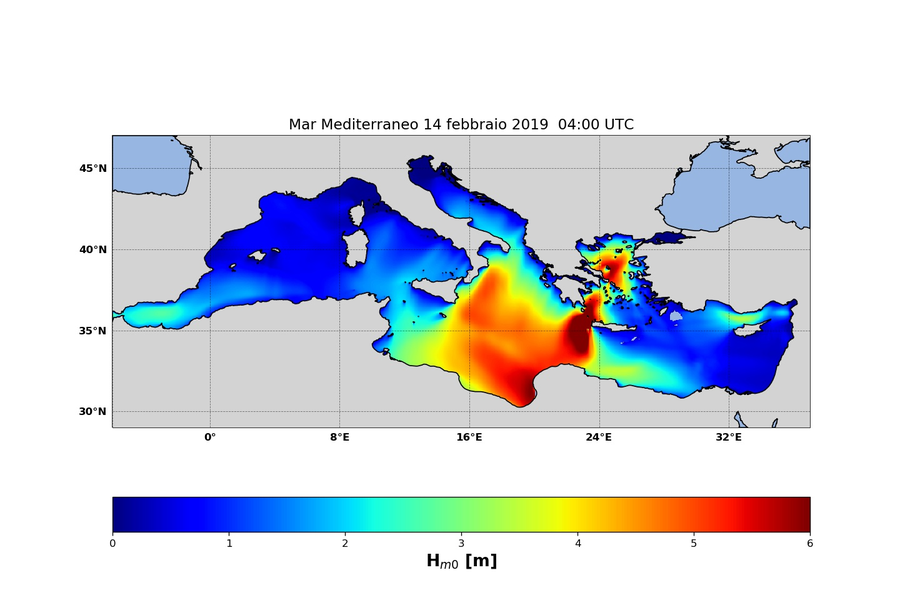 figura 6: altezza significativa in metri previsione MCWAF ISPRA valida per il 14 febbraio ore 04