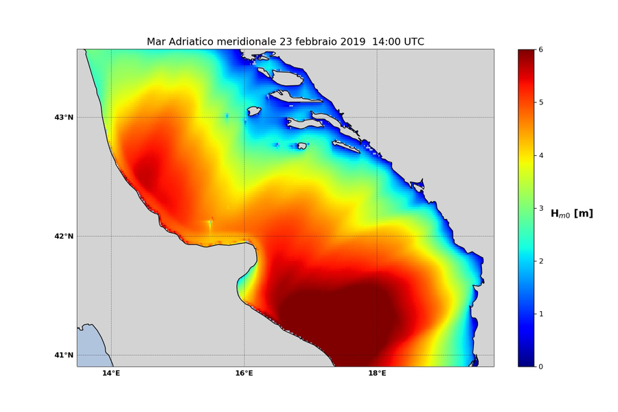 altezza significativa in metri previsione MCWAF ISPRA  REGIONALE MAR ADRIATICO MERIDIONALE valida per il 23 febbraio ore 14