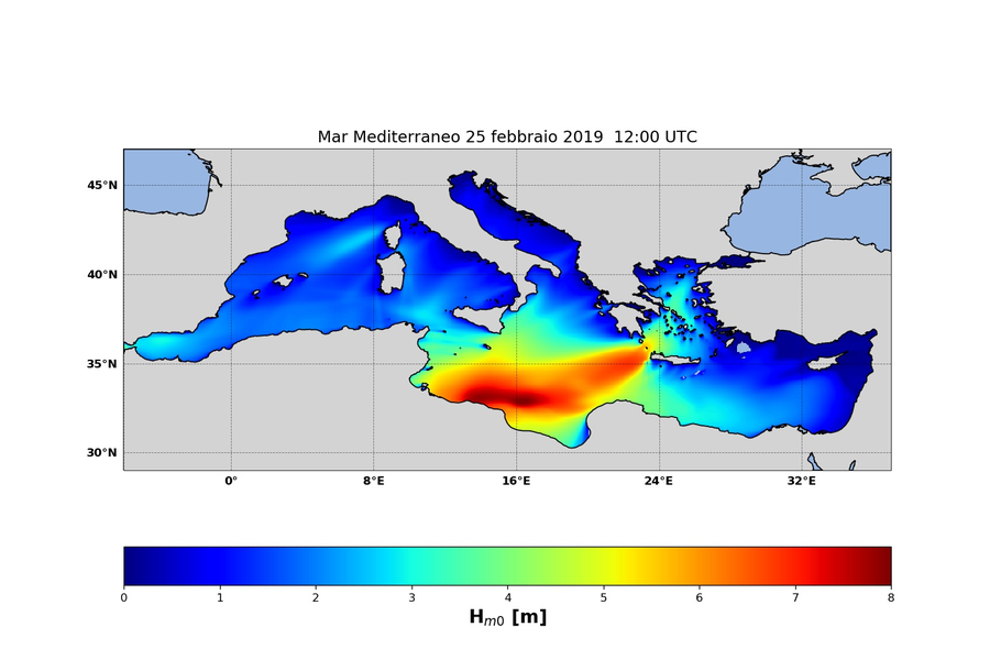 altezza significativa in metri previsione MCWAF ISPRA valida per il 25 febbraio ore 12