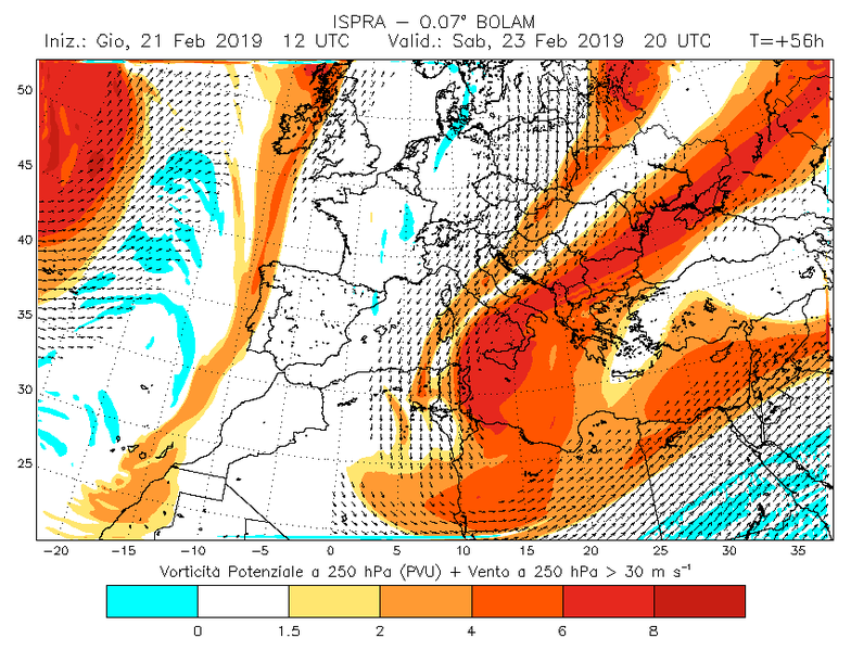 vento a 10 m previsione BOLAM ISPRA valida per il 23 febbraio ore 20