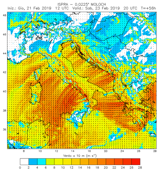 vento a 10 m previsione MOLOCH ISPRA valida per il 23 febbraio ore 20