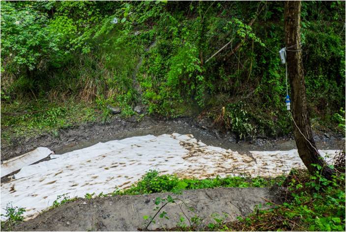 Panni assorbenti distesi sul greto del rio Pianego