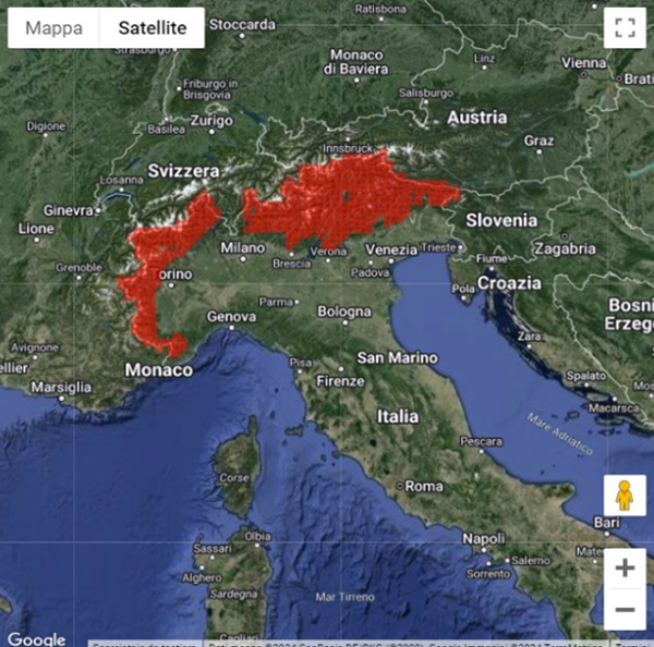 Distribuzione dell'habitat Foreste alpine di Larix decidua e/o Pinus cembra